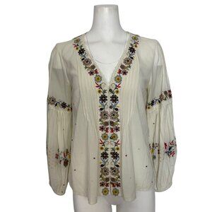 Anthropologie Vanessa Virginia Carthage Embroidered Peasant Top S Cream Floral